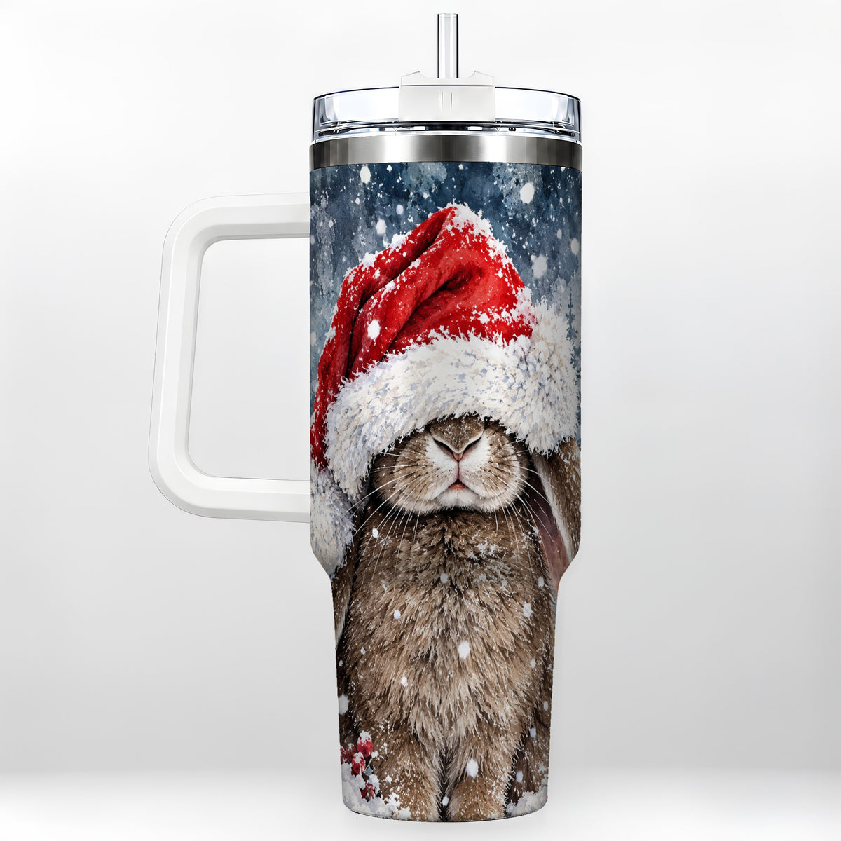 Christmas Bunny 40oz Tumbler with Handle, Snowy Rabbit Travel Cup