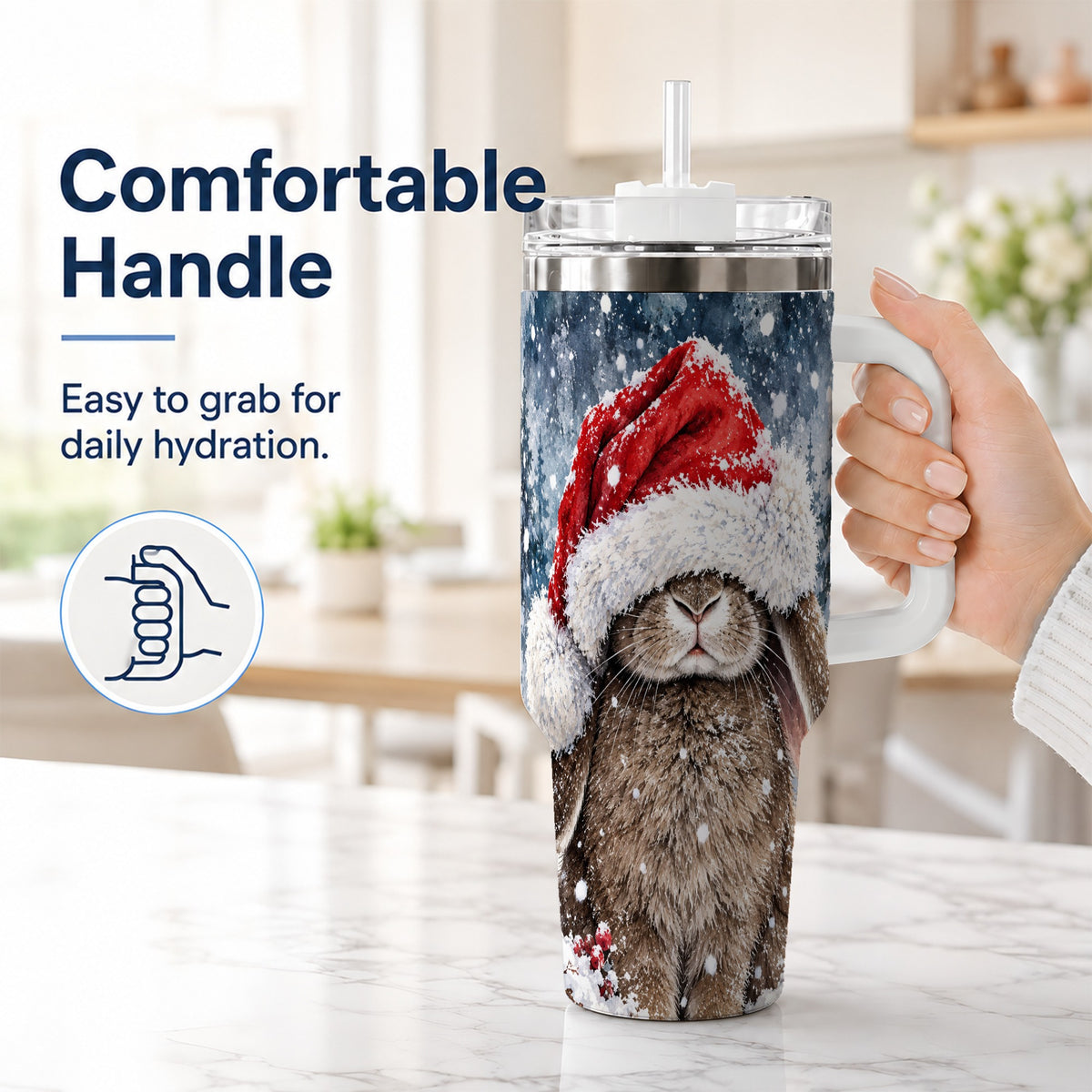 #pl[40oz|White] Christmas Bunny 40oz Tumbler with Handle, Snowy Rabbit Travel Cup