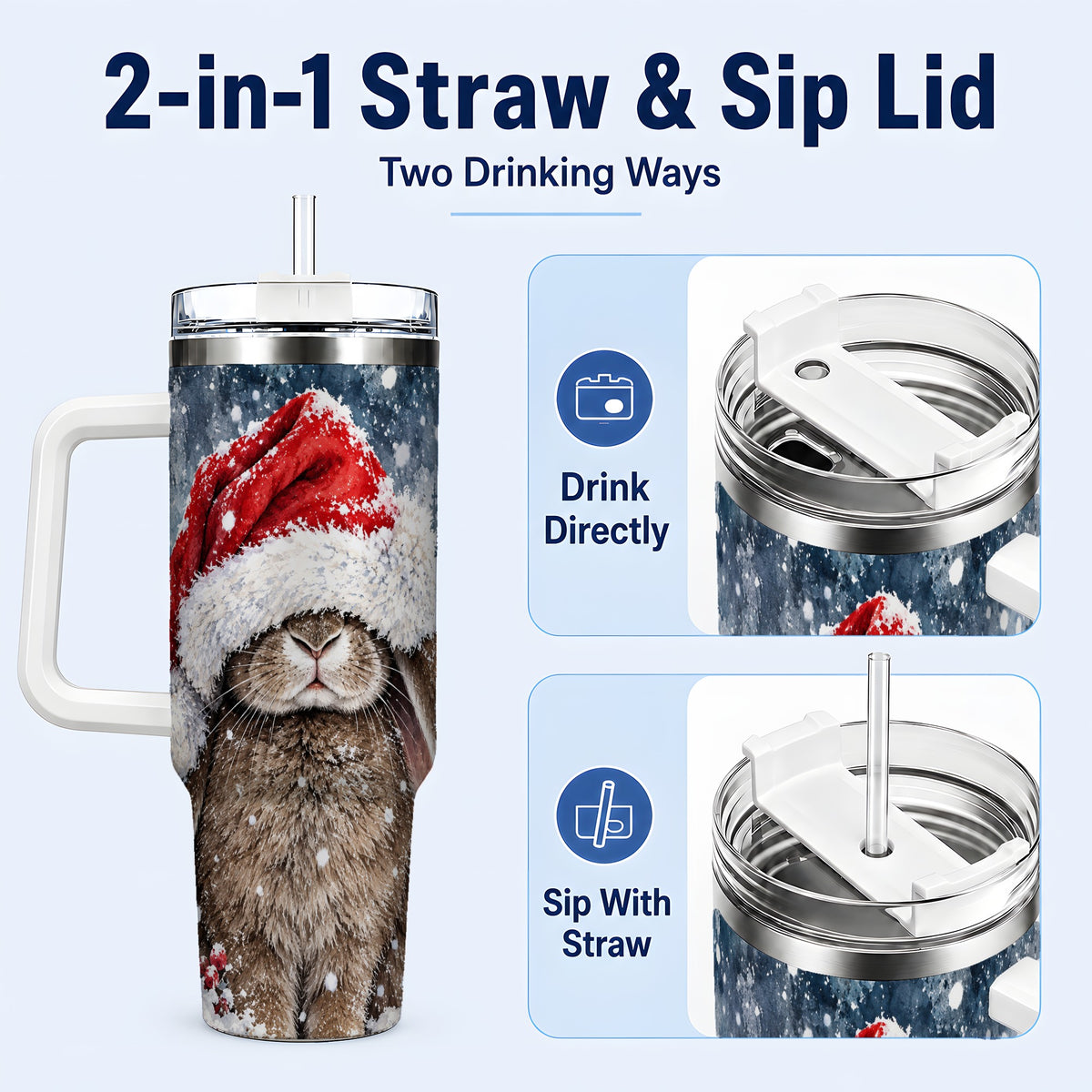 #pl[40oz|White] Christmas Bunny 40oz Tumbler with Handle, Snowy Rabbit Travel Cup