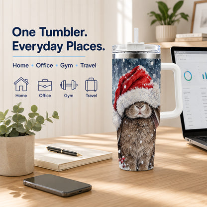 Christmas Bunny 40oz Tumbler with Handle, Snowy Rabbit Travel Cup