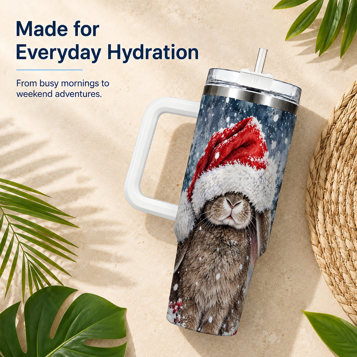 Christmas Bunny 40oz Tumbler with Handle, Snowy Rabbit Travel Cup
