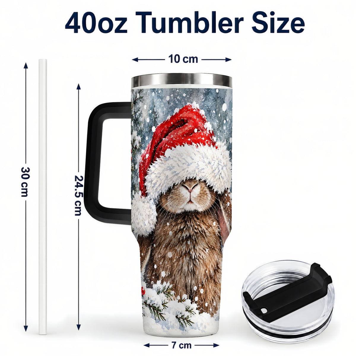 #pl[40oz|Black] Winter Bunny 40oz Tumbler with Handle, Santa Rabbit Travel Cup