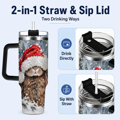 #pl[40oz|Black] Winter Bunny 40oz Tumbler with Handle, Santa Rabbit Travel Cup