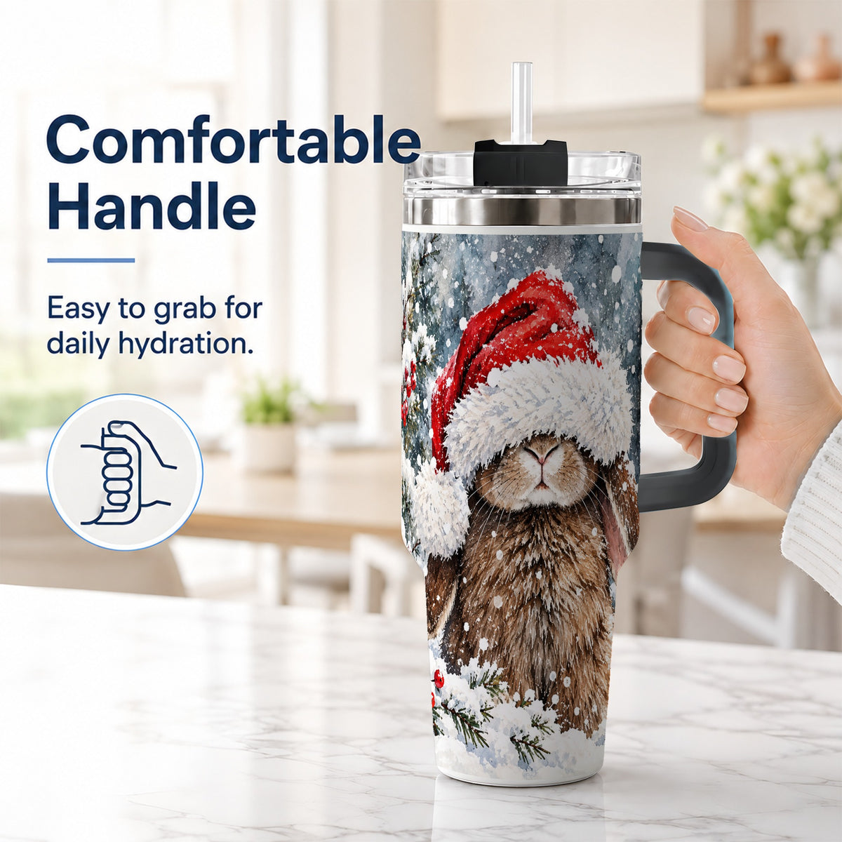 #pl[40oz|Black] Winter Bunny 40oz Tumbler with Handle, Santa Rabbit Travel Cup