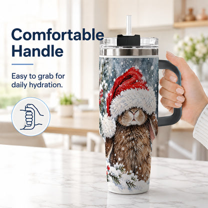 #pl[40oz|Black] Winter Bunny 40oz Tumbler with Handle, Santa Rabbit Travel Cup