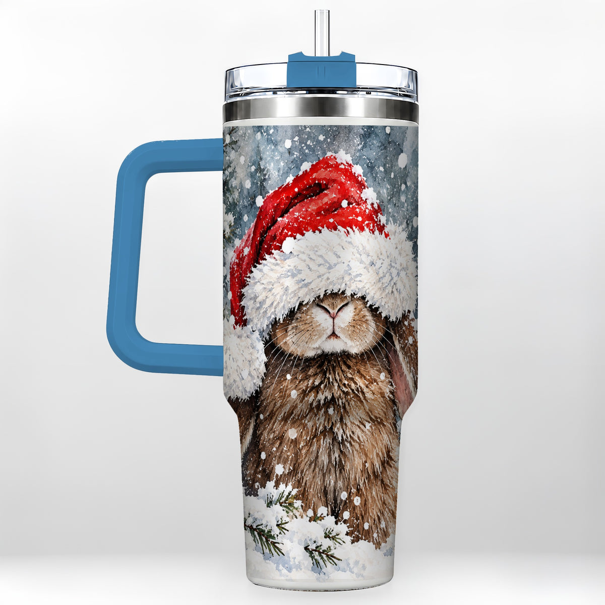 #pl[40oz|Blue] Winter Bunny 40oz Tumbler with Handle, Santa Rabbit Travel Cup