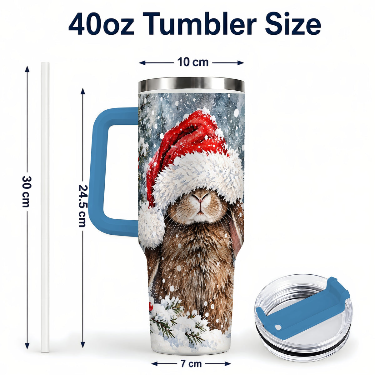 #pl[40oz|Blue] Winter Bunny 40oz Tumbler with Handle, Santa Rabbit Travel Cup