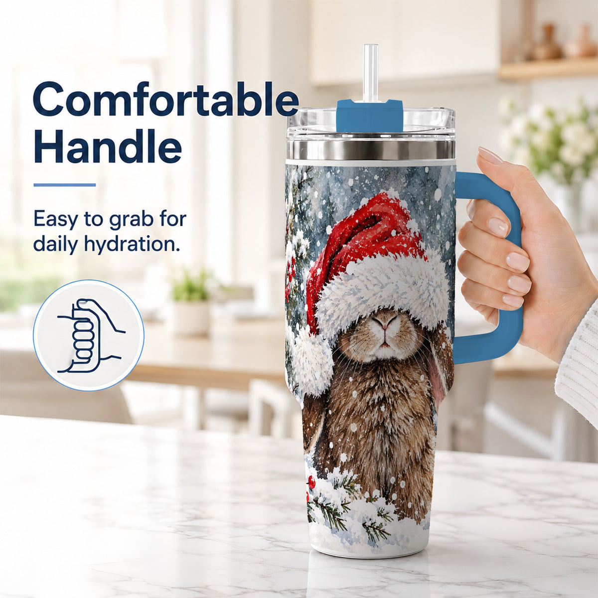 #pl[40oz|Blue] Winter Bunny 40oz Tumbler with Handle, Santa Rabbit Travel Cup