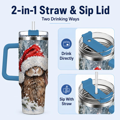 #pl[40oz|Blue] Winter Bunny 40oz Tumbler with Handle, Santa Rabbit Travel Cup