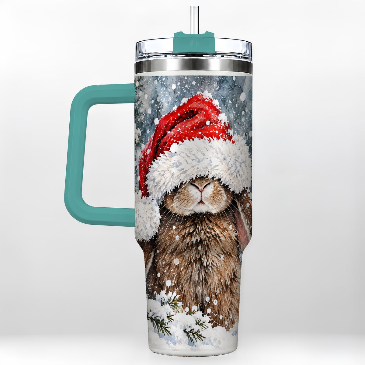 #pl[40oz|Green] Winter Bunny 40oz Tumbler with Handle, Santa Rabbit Travel Cup