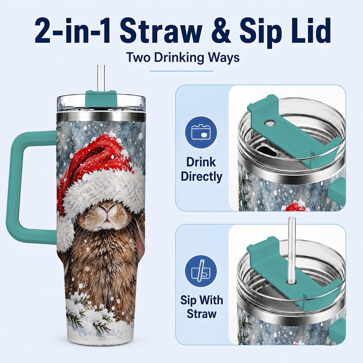 #pl[40oz|Green] Winter Bunny 40oz Tumbler with Handle, Santa Rabbit Travel Cup