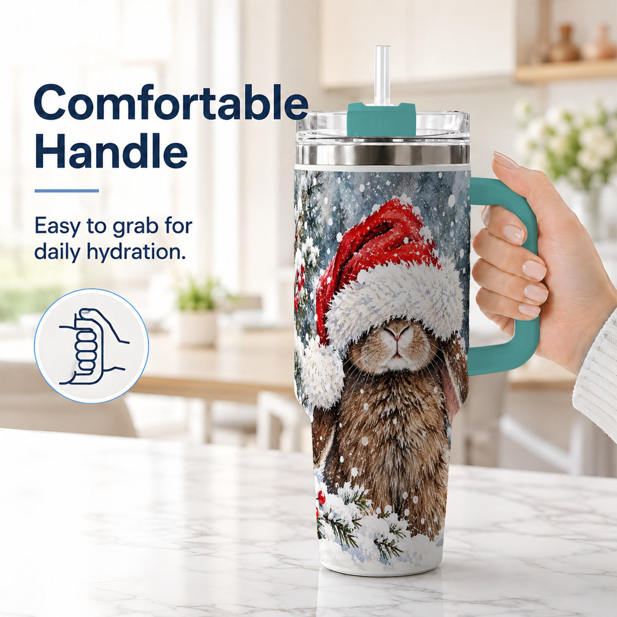 #pl[40oz|Green] Winter Bunny 40oz Tumbler with Handle, Santa Rabbit Travel Cup