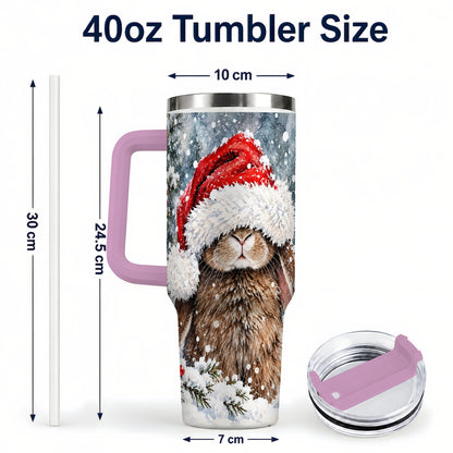 #pl[40oz|Pink] Winter Bunny 40oz Tumbler with Handle, Santa Rabbit Travel Cup