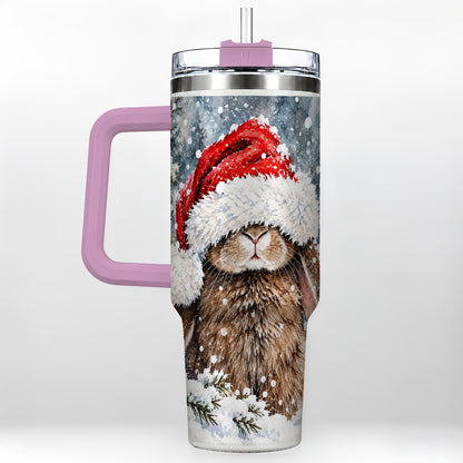 #pl[40oz|Pink] Winter Bunny 40oz Tumbler with Handle, Santa Rabbit Travel Cup