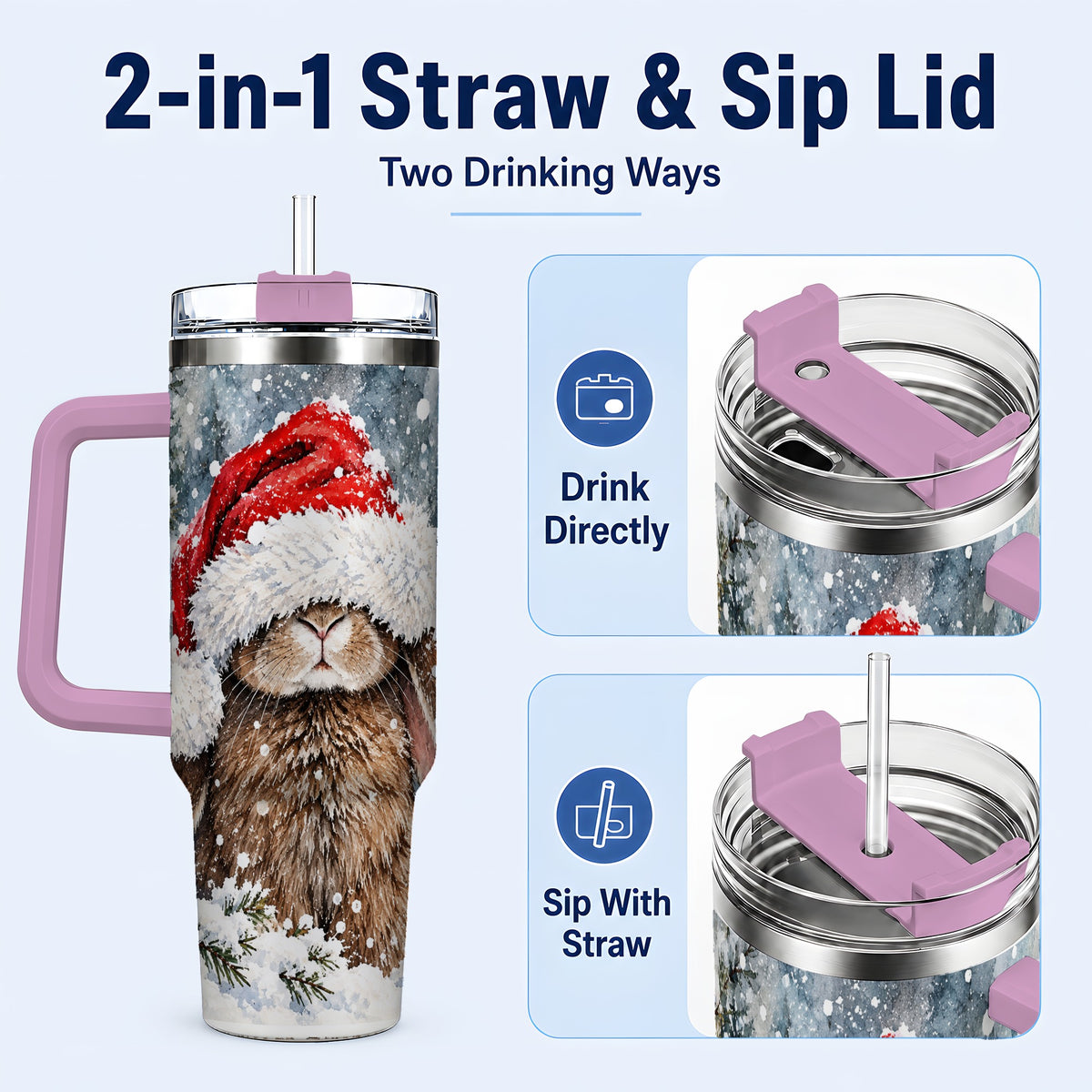 #pl[40oz|Pink] Winter Bunny 40oz Tumbler with Handle, Santa Rabbit Travel Cup