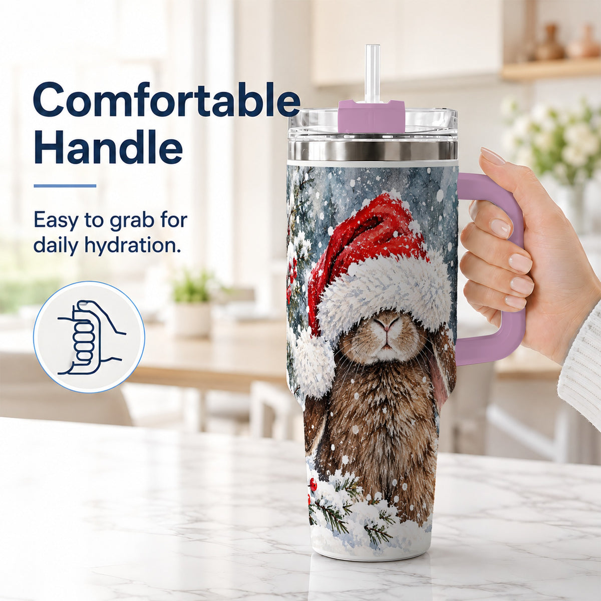 #pl[40oz|Pink] Winter Bunny 40oz Tumbler with Handle, Santa Rabbit Travel Cup