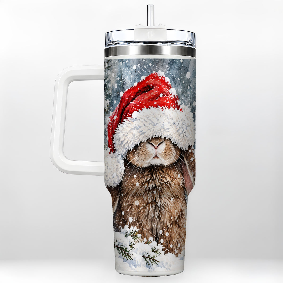 Winter Bunny 40oz Tumbler with Handle, Santa Rabbit Travel Cup