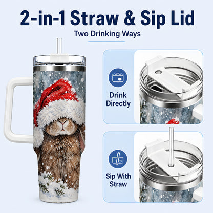 #pl[40oz|White] Winter Bunny 40oz Tumbler with Handle, Santa Rabbit Travel Cup