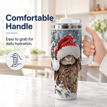 #pl[40oz|White] Winter Bunny 40oz Tumbler with Handle, Santa Rabbit Travel Cup