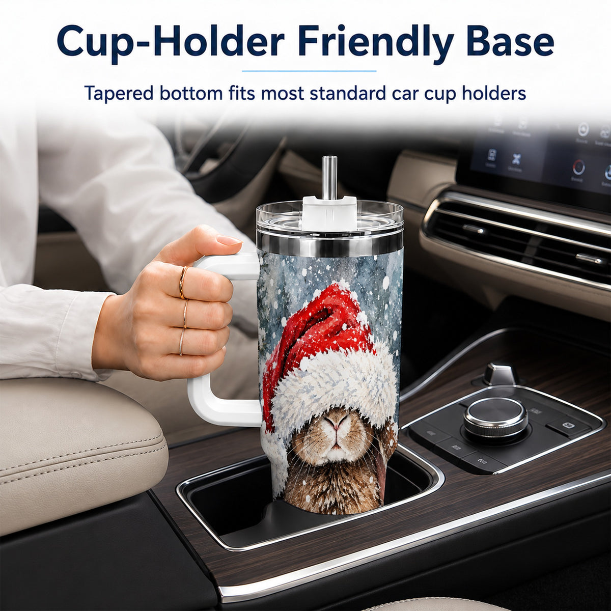 Winter Bunny 40oz Tumbler with Handle, Santa Rabbit Travel Cup