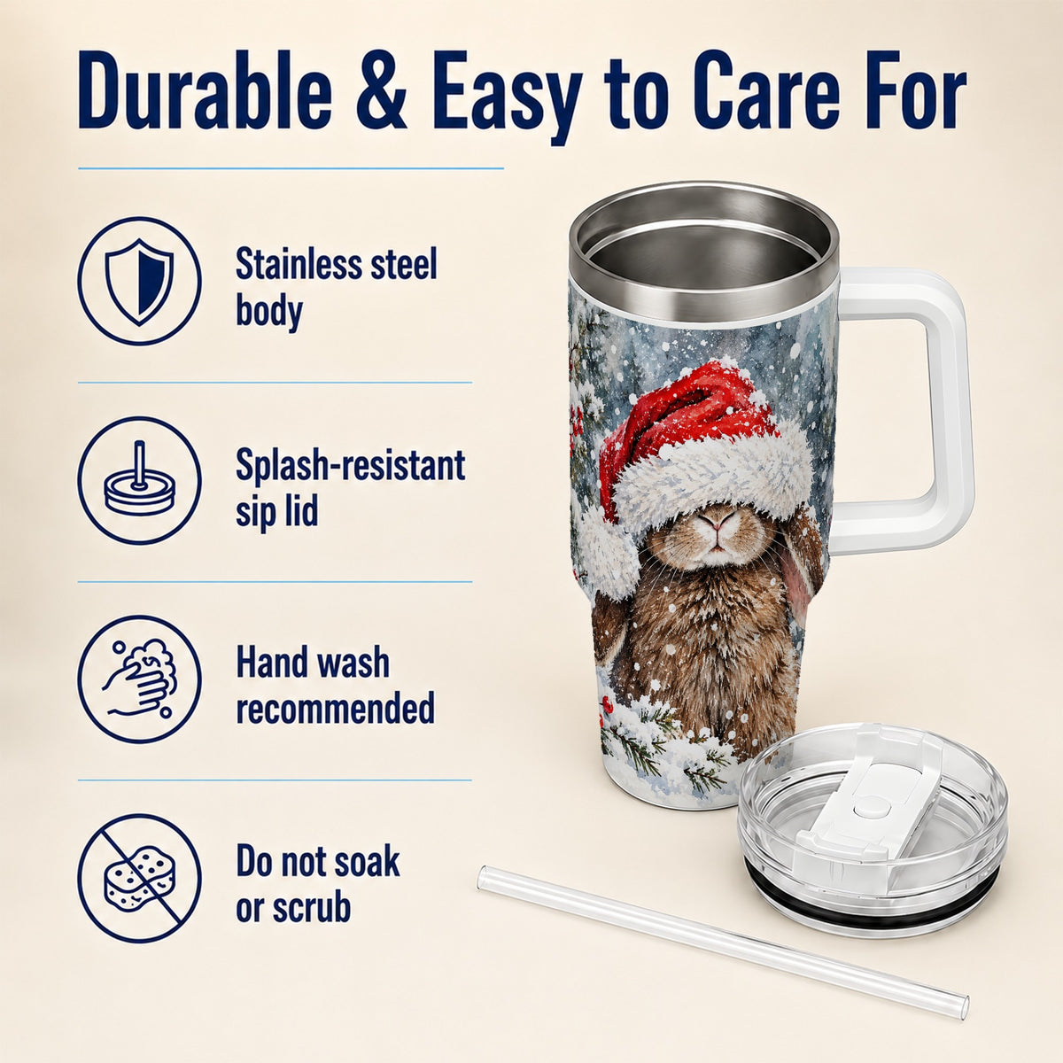 Winter Bunny 40oz Tumbler with Handle, Santa Rabbit Travel Cup