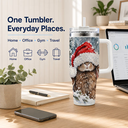 Winter Bunny 40oz Tumbler with Handle, Santa Rabbit Travel Cup