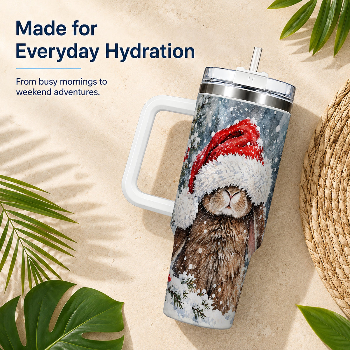 Winter Bunny 40oz Tumbler with Handle, Santa Rabbit Travel Cup