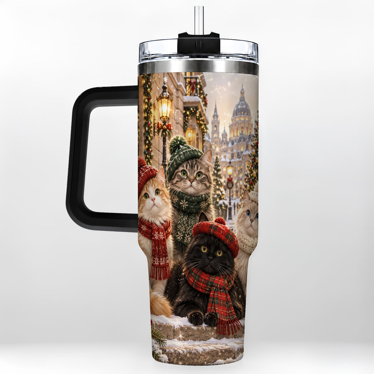 #pl[40oz|Black] Christmas Cats 40oz Tumbler with Handle, Winter Cat Travel Cup