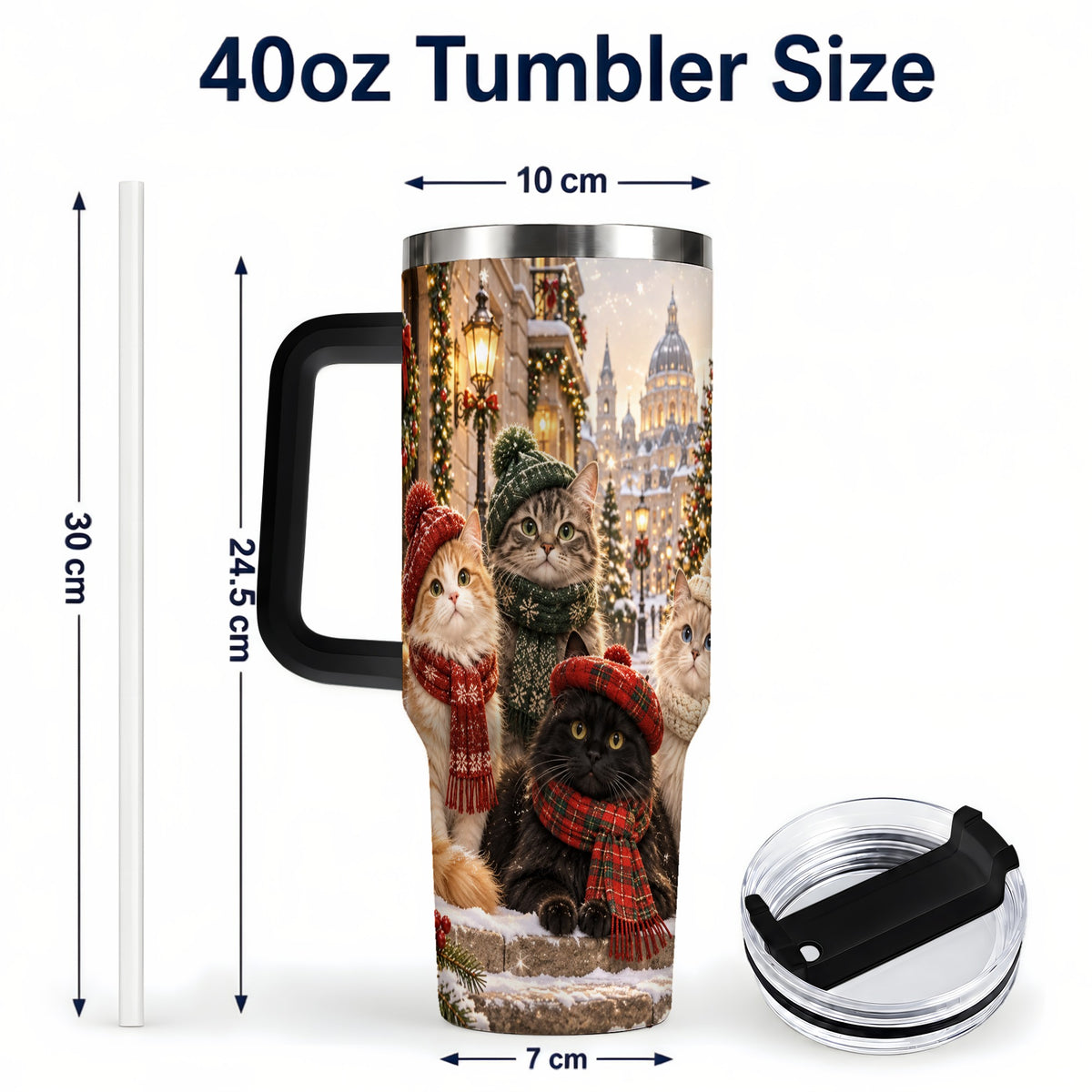 #pl[40oz|Black] Christmas Cats 40oz Tumbler with Handle, Winter Cat Travel Cup