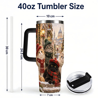 #pl[40oz|Black] Christmas Cats 40oz Tumbler with Handle, Winter Cat Travel Cup