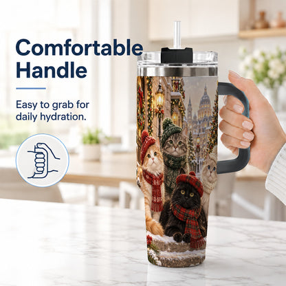 #pl[40oz|Black] Christmas Cats 40oz Tumbler with Handle, Winter Cat Travel Cup