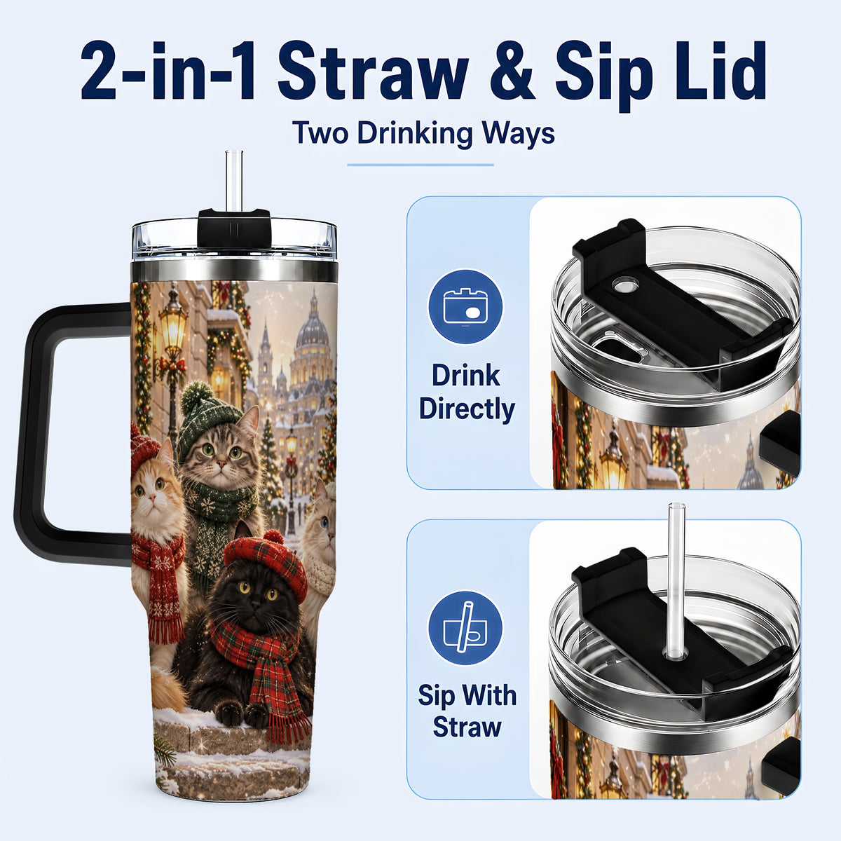 #pl[40oz|Black] Christmas Cats 40oz Tumbler with Handle, Winter Cat Travel Cup