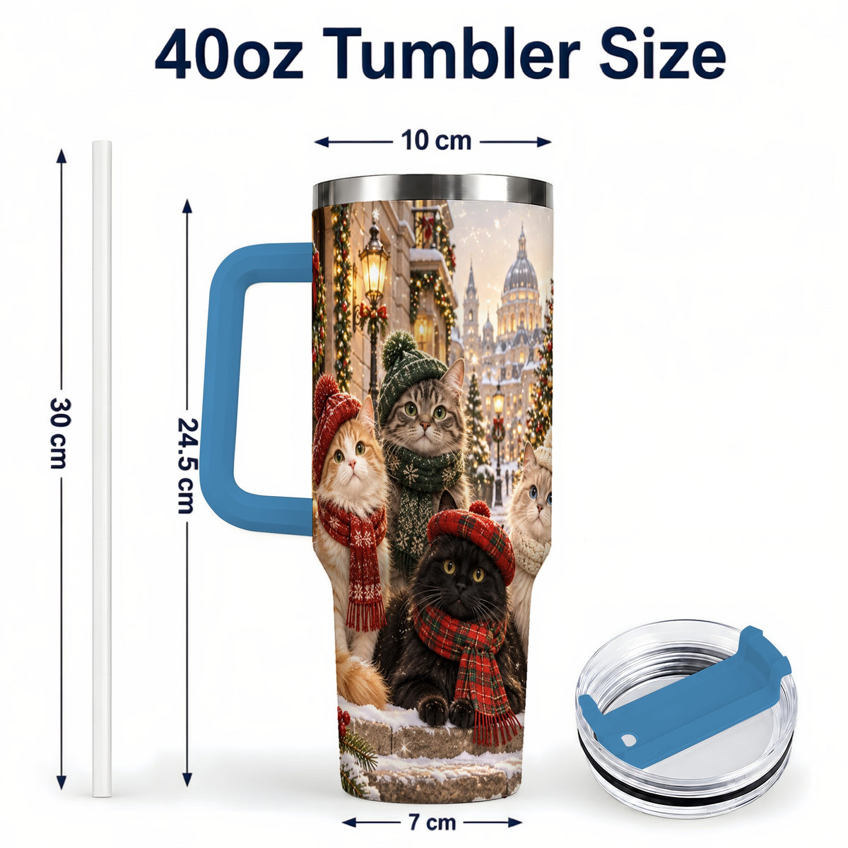 #pl[40oz|Blue] Christmas Cats 40oz Tumbler with Handle, Winter Cat Travel Cup