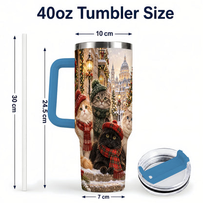 #pl[40oz|Blue] Christmas Cats 40oz Tumbler with Handle, Winter Cat Travel Cup