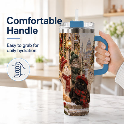 #pl[40oz|Blue] Christmas Cats 40oz Tumbler with Handle, Winter Cat Travel Cup