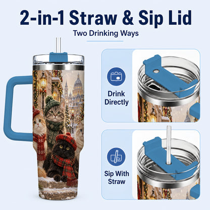 #pl[40oz|Blue] Christmas Cats 40oz Tumbler with Handle, Winter Cat Travel Cup