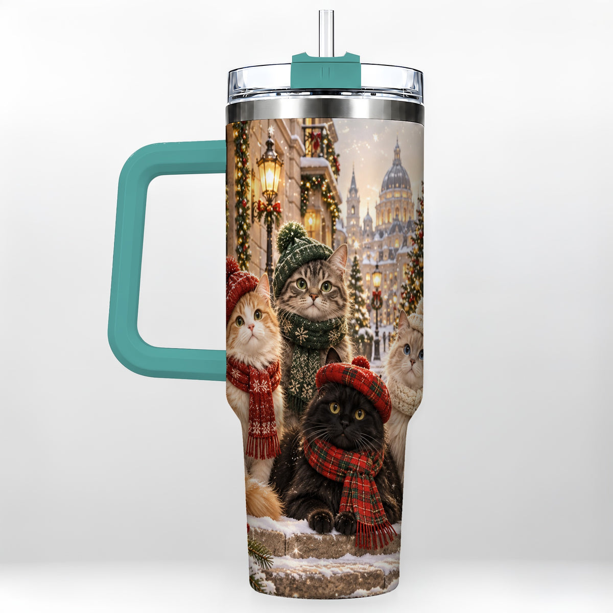 #pl[40oz|Green] Christmas Cats 40oz Tumbler with Handle, Winter Cat Travel Cup