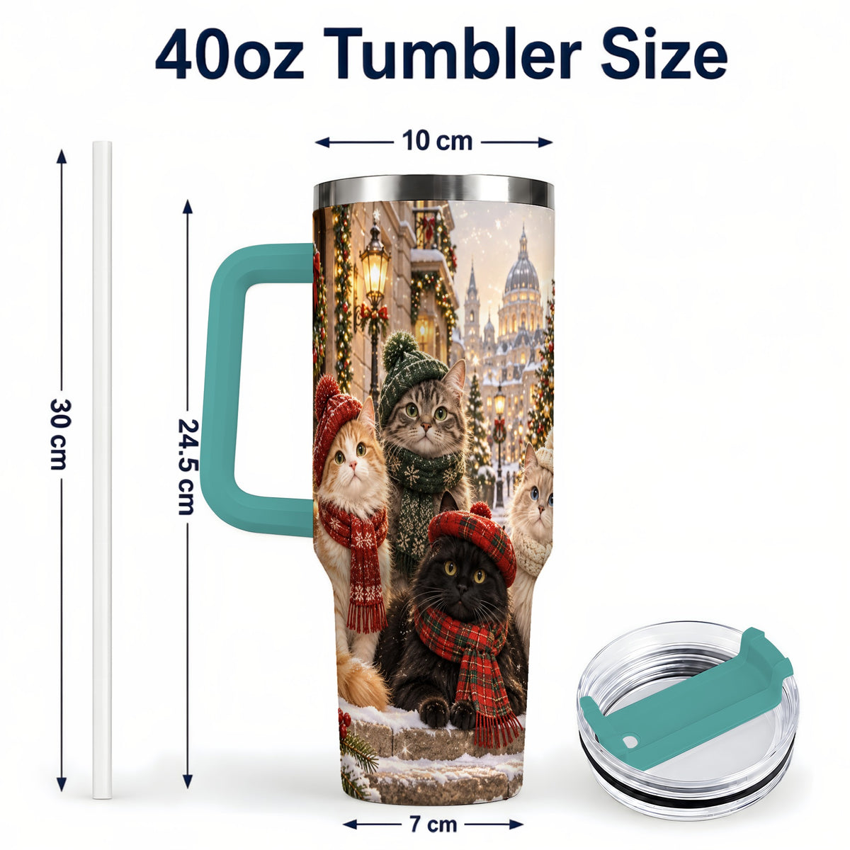 #pl[40oz|Green] Christmas Cats 40oz Tumbler with Handle, Winter Cat Travel Cup