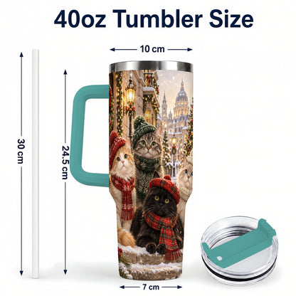 #pl[40oz|Green] Christmas Cats 40oz Tumbler with Handle, Winter Cat Travel Cup