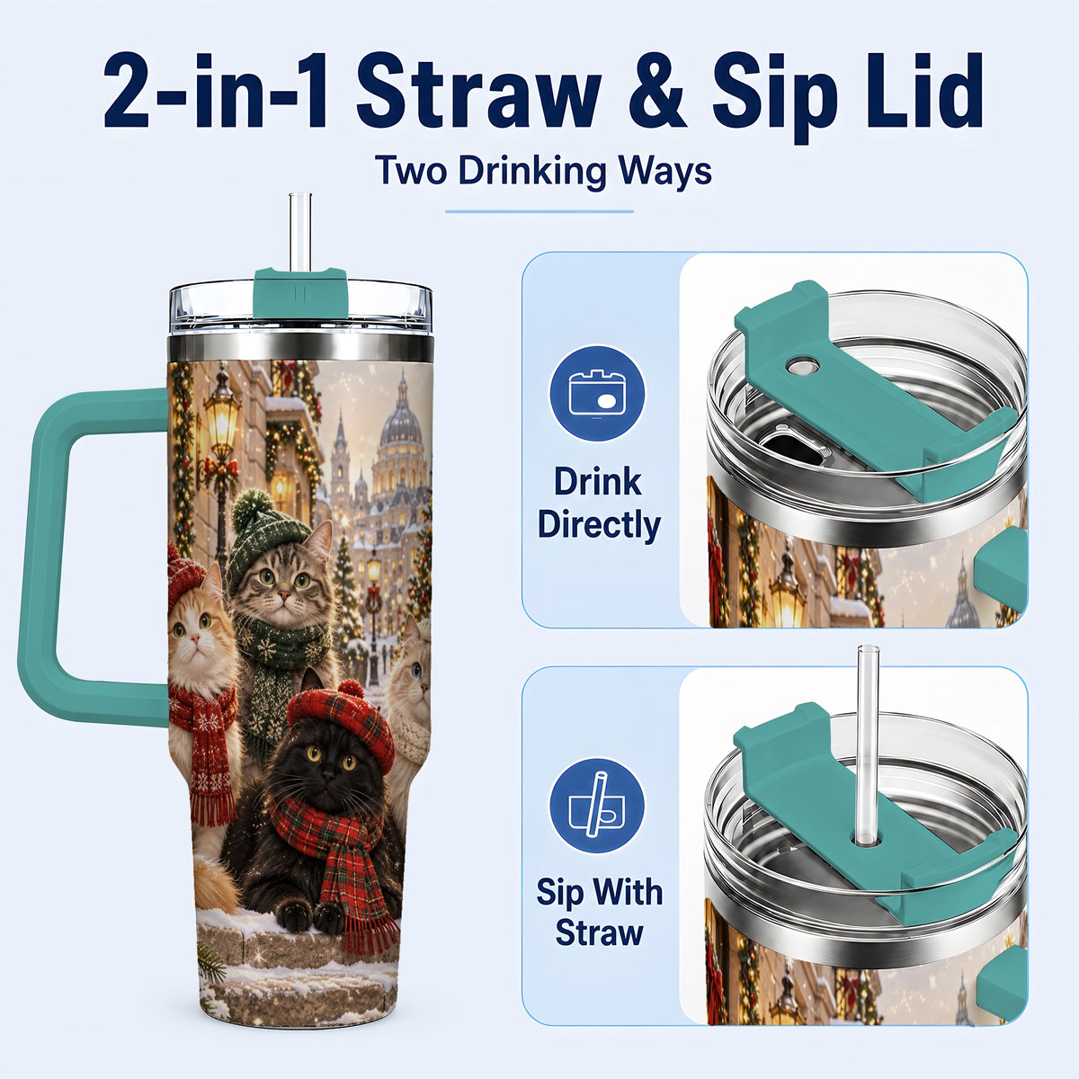 #pl[40oz|Green] Christmas Cats 40oz Tumbler with Handle, Winter Cat Travel Cup