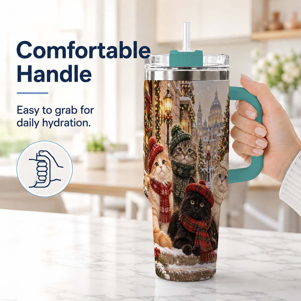#pl[40oz|Green] Christmas Cats 40oz Tumbler with Handle, Winter Cat Travel Cup