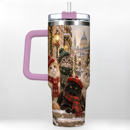 #pl[40oz|Pink] Christmas Cats 40oz Tumbler with Handle, Winter Cat Travel Cup