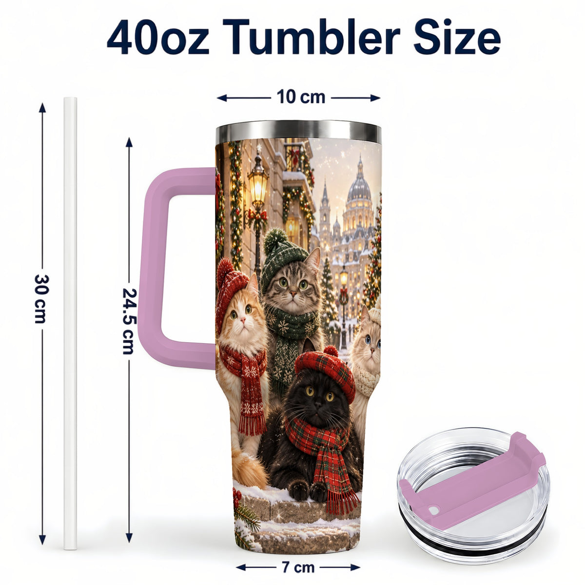 #pl[40oz|Pink] Christmas Cats 40oz Tumbler with Handle, Winter Cat Travel Cup