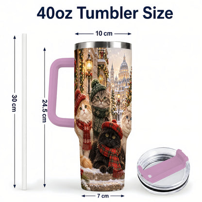 #pl[40oz|Pink] Christmas Cats 40oz Tumbler with Handle, Winter Cat Travel Cup