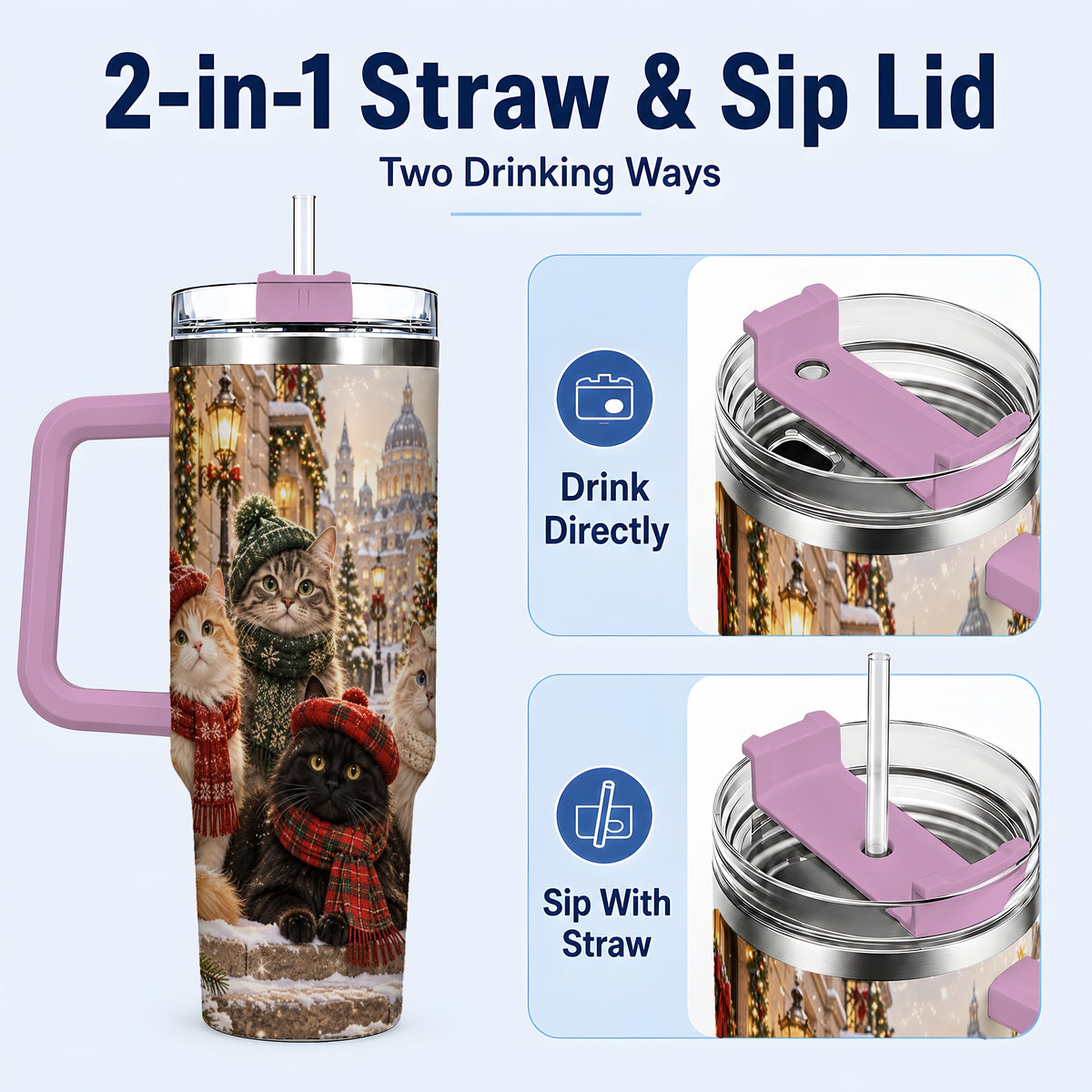 #pl[40oz|Pink] Christmas Cats 40oz Tumbler with Handle, Winter Cat Travel Cup
