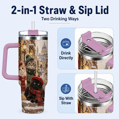 #pl[40oz|Pink] Christmas Cats 40oz Tumbler with Handle, Winter Cat Travel Cup