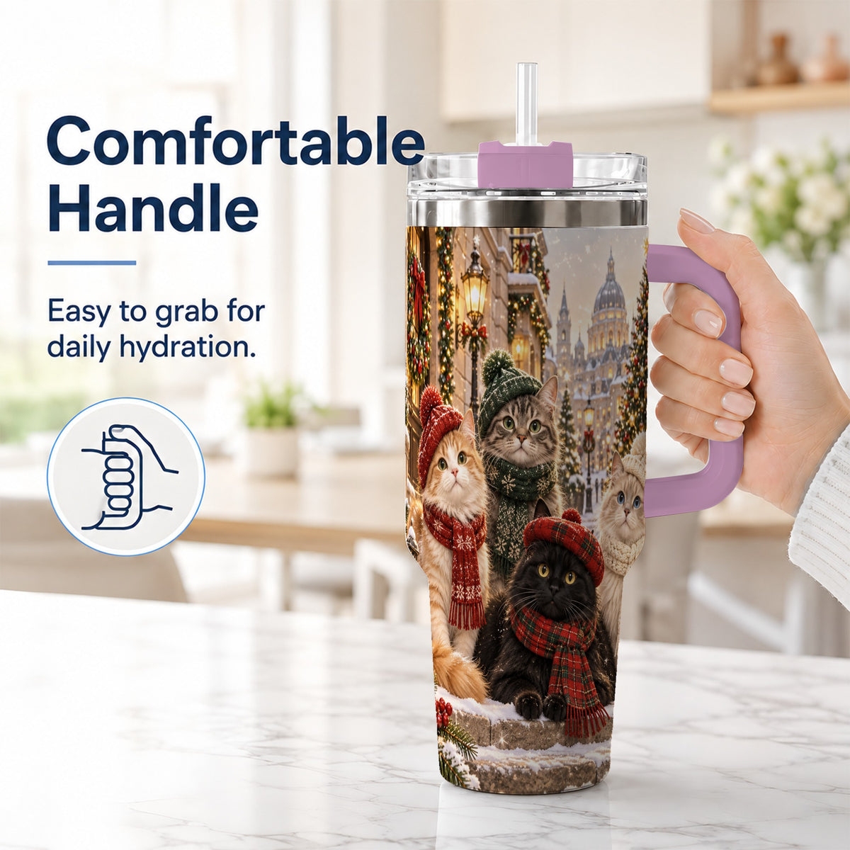 #pl[40oz|Pink] Christmas Cats 40oz Tumbler with Handle, Winter Cat Travel Cup