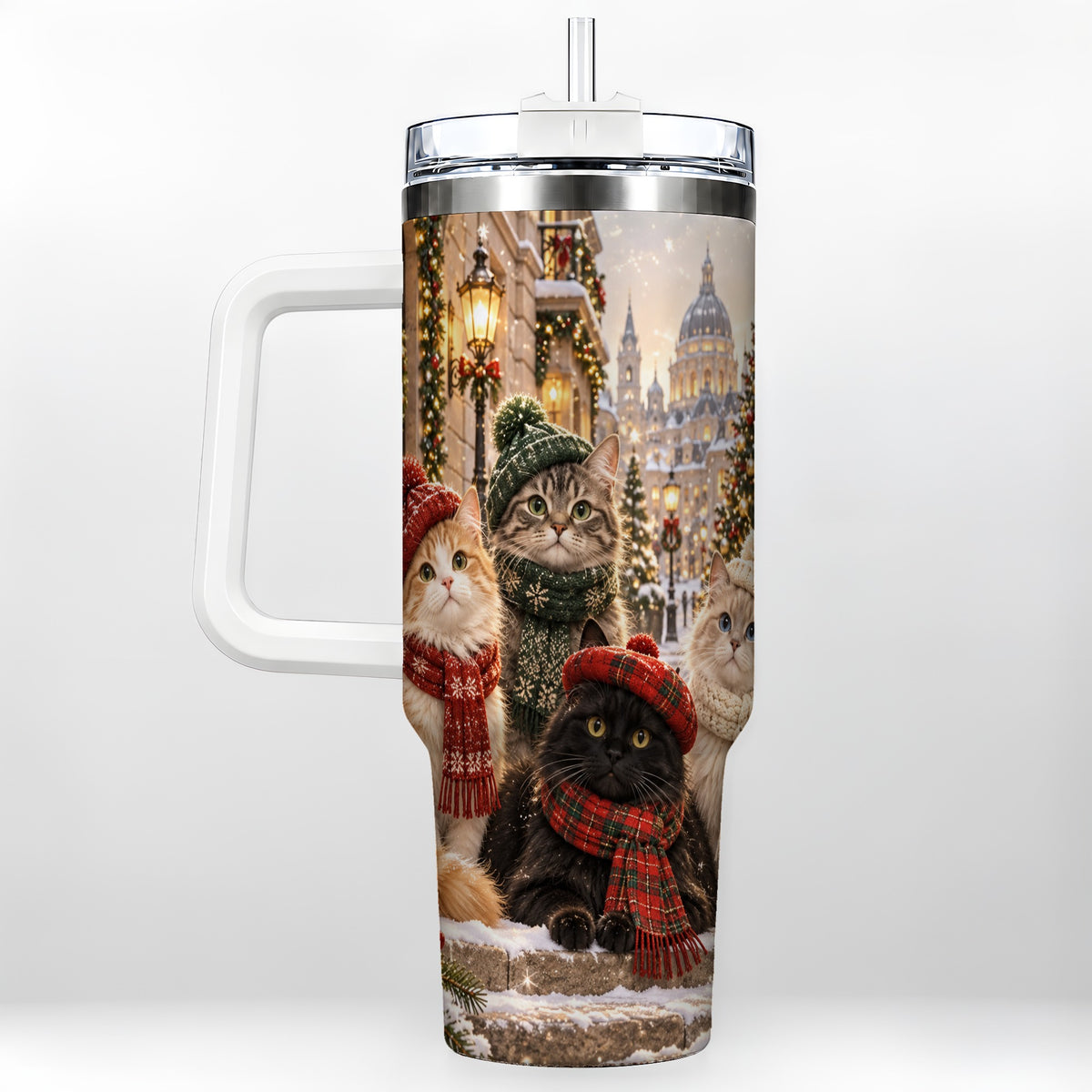 Christmas Cats 40oz Tumbler with Handle, Winter Cat Travel Cup