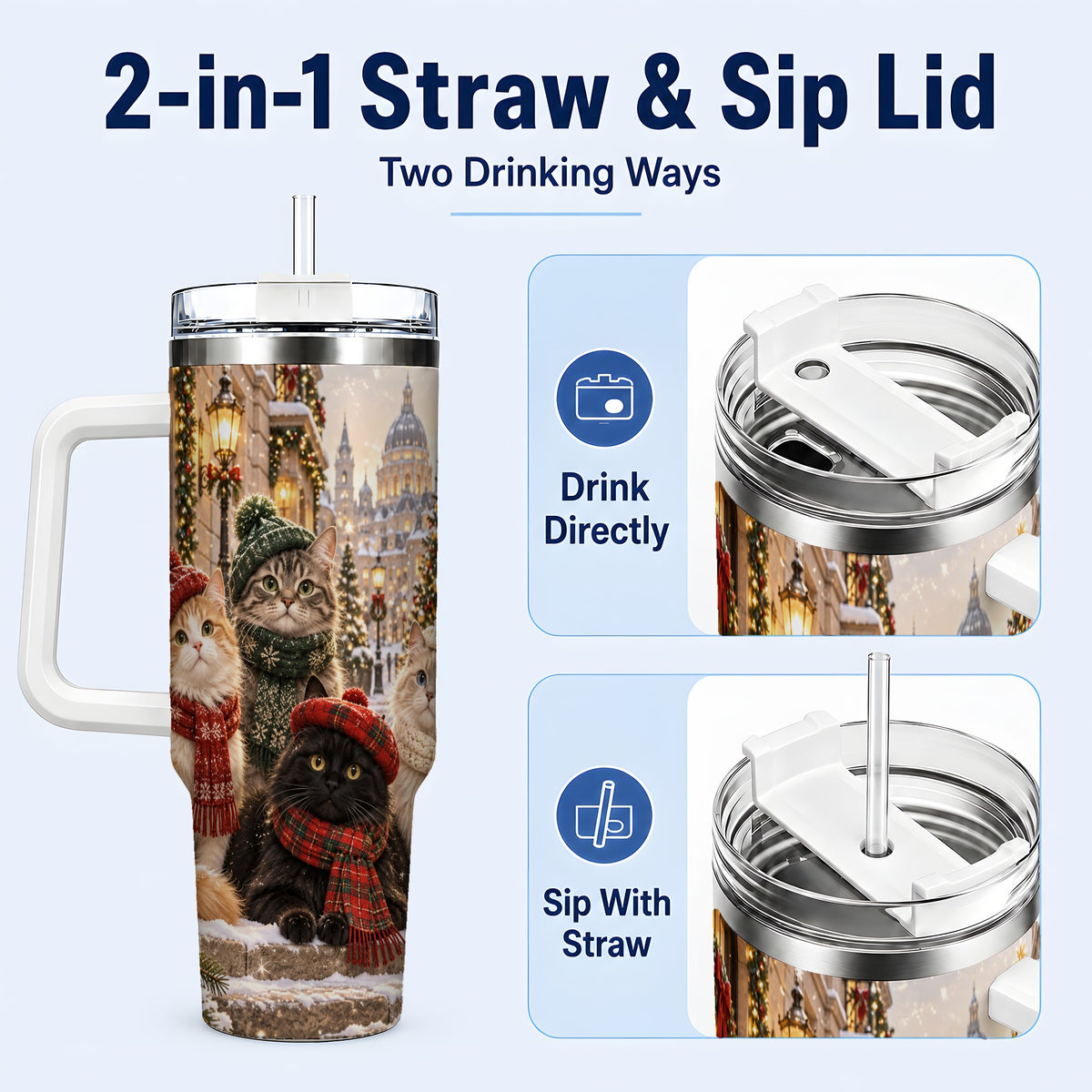 #pl[40oz|White] Christmas Cats 40oz Tumbler with Handle, Winter Cat Travel Cup