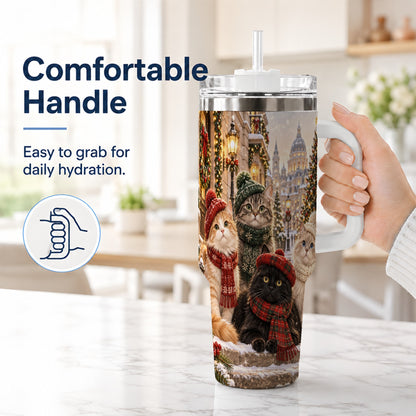 #pl[40oz|White] Christmas Cats 40oz Tumbler with Handle, Winter Cat Travel Cup